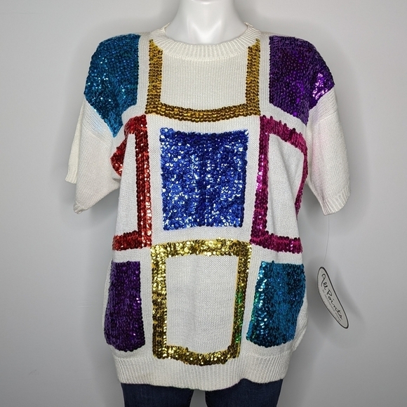 NWT All Points Dead stock white colorful sequin short sleeve sweater L - Picture 1 of 9
